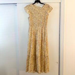 August Sky Smocked Yellow Floral Midi Dress